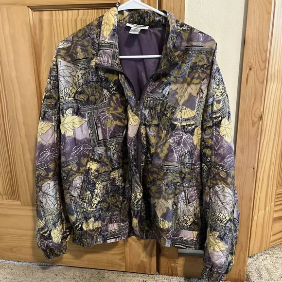 Vtg Nouveau Monde Sport 100% Silk Purple Fall Leaves Print Bomber Fabric Jacket - Picture 1 of 6